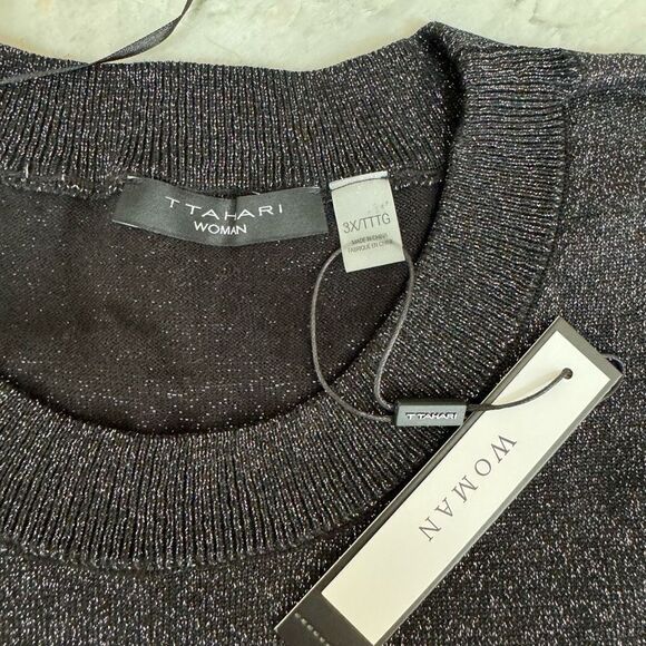 T Tahari metallic crew neck black sweater top high low size 3X NWT - Picture 4 of 7